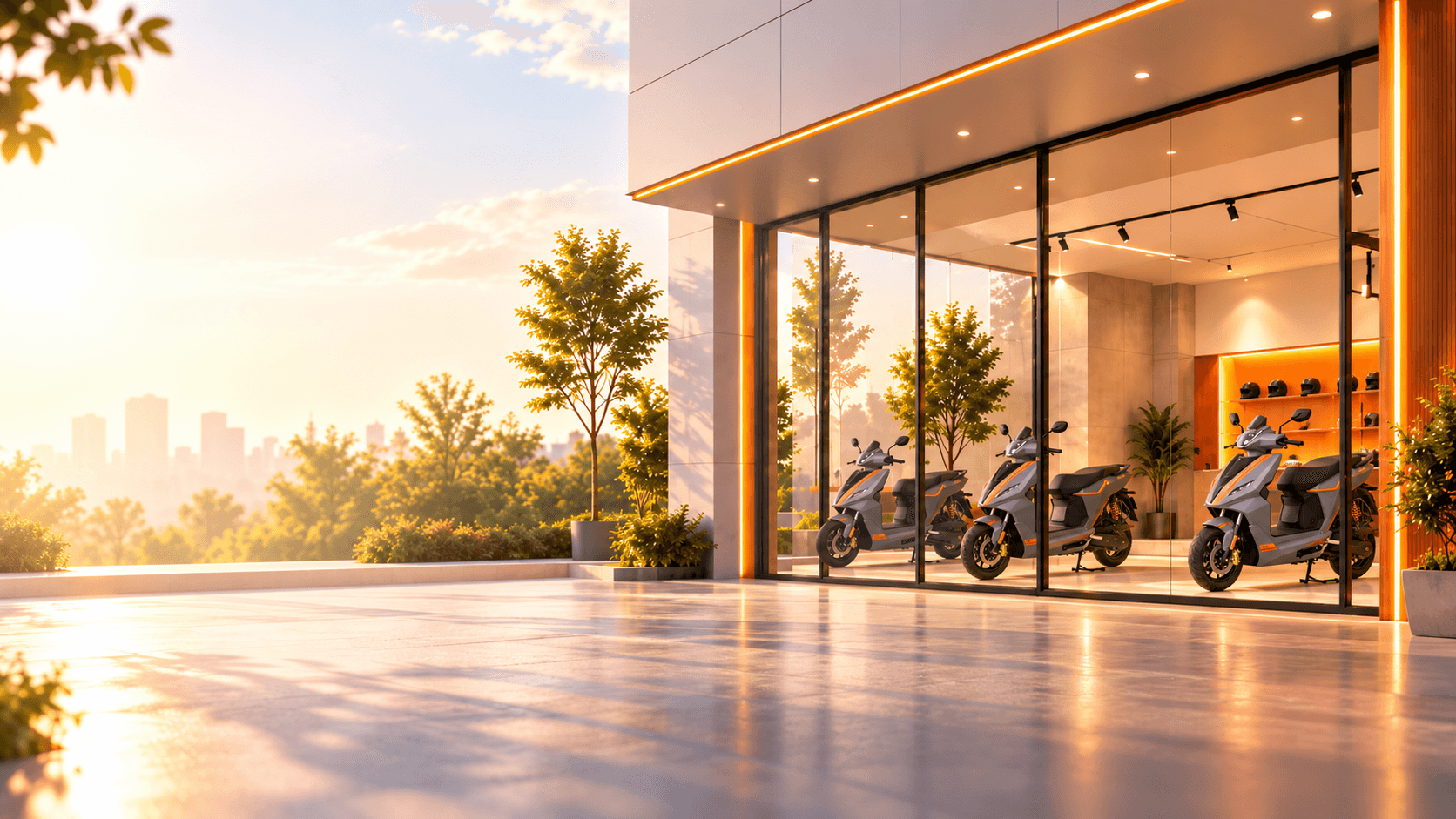 RIVOT scooter outside the showroom at golden hour